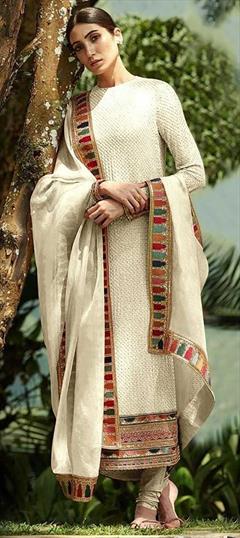 Festive, Party Wear, Reception White and Off White color Salwar Kameez in Faux Georgette fabric with Churidar, Pakistani, Straight Sequence, Thread work : 1766244
