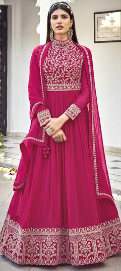 Festive, Mehendi Sangeet, Party Wear Pink and Majenta color Salwar Kameez in Faux Georgette fabric with Anarkali Embroidered, Sequence, Thread work : 1766253