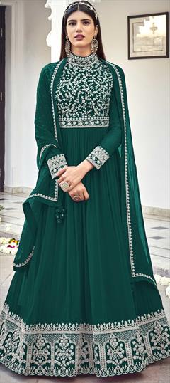 Festive, Mehendi Sangeet, Party Wear Green color Salwar Kameez in Faux Georgette fabric with Anarkali Embroidered, Sequence, Thread work : 1766255