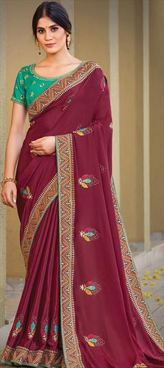 Traditional, Wedding Red and Maroon color Saree in Georgette fabric with South Embroidered, Resham, Stone, Thread, Zari work : 1766437