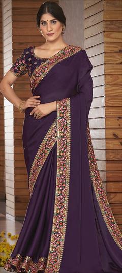 Traditional, Wedding Purple and Violet color Saree in Satin Silk, Silk fabric with South Embroidered, Resham, Thread, Zari work : 1766440