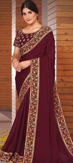 Festive, Party Wear, Wedding Red and Maroon color Saree in Georgette fabric with Classic Embroidered, Stone, Thread, Zari work : 1766443