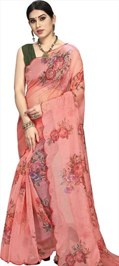 Casual, Traditional Pink and Majenta color Saree in Organza Silk, Silk fabric with South Floral, Printed, Sequence work : 1766507