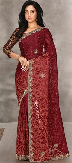 Festive, Wedding Red and Maroon color Saree in Brasso fabric with Classic Cut Dana, Sequence, Stone work : 1766589