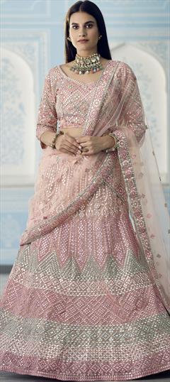 Bridal, Wedding Pink and Majenta color Lehenga in Organza Silk, Silk fabric with A Line Mirror, Thread work : 1766754