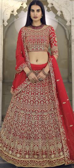 Bridal, Wedding Red and Maroon color Lehenga in Organza Silk, Silk fabric with A Line Thread, Zari work : 1766756