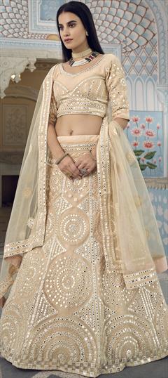 Bridal, Wedding Beige and Brown color Lehenga in Organza Silk, Silk fabric with A Line Mirror, Thread work : 1766759