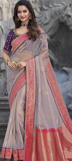 Traditional, Wedding Black and Grey color Saree in Banarasi Silk, Organza Silk fabric with Half and Half, South Border, Embroidered, Resham, Stone, Weaving, Zari work : 1767026