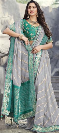 Traditional, Wedding Black and Grey color Saree in Banarasi Silk, Organza Silk fabric with Half and Half, South Border, Embroidered, Resham, Stone, Weaving, Zari work : 1767036
