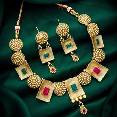 Green, Pink and Majenta color Necklace in Copper studded with Kundan & Gold Rodium Polish : 1767044