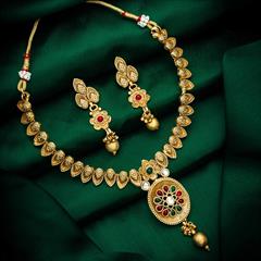 Green, Red and Maroon color Necklace in Copper studded with Kundan & Gold Rodium Polish : 1767055