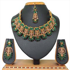 Green color Necklace in Metal Alloy studded with CZ Diamond & Gold Rodium Polish : 1767131