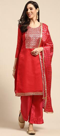 Festive, Party Wear Red and Maroon color Salwar Kameez in Chanderi Silk fabric with Straight Gota Patti work : 1767515