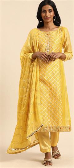 Festive, Party Wear Yellow color Salwar Kameez in Chanderi Silk fabric with Straight Gota Patti work : 1767532