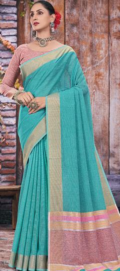 Traditional Green color Saree in Linen fabric with Bengali Weaving work : 1767571