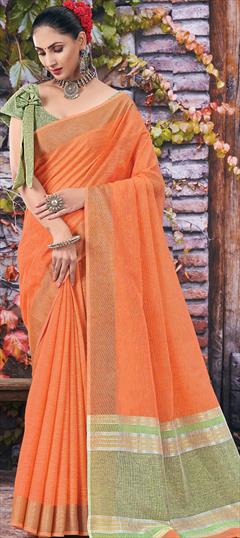 Traditional Orange color Saree in Linen fabric with Bengali Weaving work : 1767575