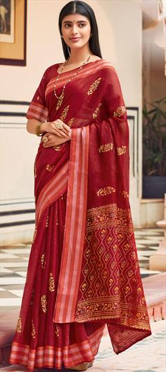 Traditional Red and Maroon color Saree in Chanderi Silk, Silk fabric with South Weaving work : 1767847