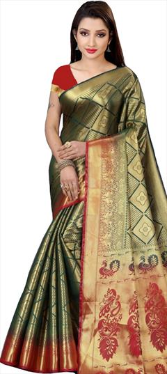 Traditional, Wedding Gold color Saree in Kanchipuram Silk, Silk fabric with South Weaving work : 1767866