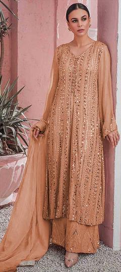 Party Wear Beige and Brown color Salwar Kameez in Faux Georgette fabric with Pakistani, Palazzo Bugle Beads, Embroidered, Sequence, Thread work : 1767974