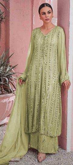 Party Wear Green color Salwar Kameez in Faux Georgette fabric with Pakistani, Palazzo Bugle Beads, Embroidered, Sequence, Thread work : 1767977