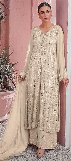 Party Wear Beige and Brown color Salwar Kameez in Faux Georgette fabric with Pakistani, Palazzo Bugle Beads, Embroidered, Sequence, Thread work : 1767978