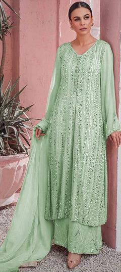 Party Wear Green color Salwar Kameez in Faux Georgette fabric with Pakistani, Palazzo Bugle Beads, Embroidered, Sequence, Thread work : 1767979