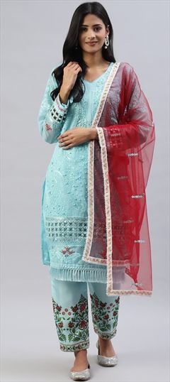 Festive, Party Wear Blue color Salwar Kameez in Georgette fabric with Straight Embroidered, Resham, Thread work : 1767998