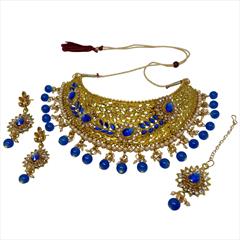 Blue, Gold color Necklace in Metal Alloy studded with Austrian diamond, Kundan & Gold Rodium Polish : 1768175