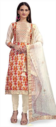 Party Wear Multicolor color Salwar Kameez in Chanderi Silk fabric with Churidar, Straight Patch, Printed work : 1768178