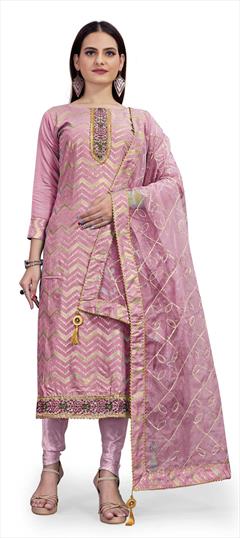 Party Wear Pink and Majenta color Salwar Kameez in Chanderi Silk fabric with Churidar, Straight Patch, Weaving work : 1768187