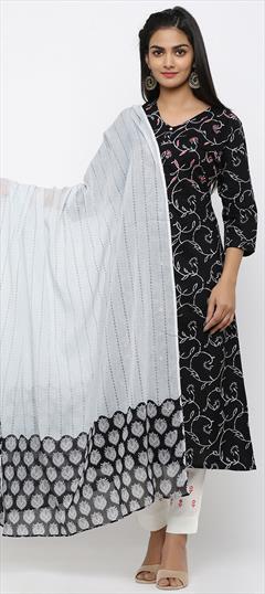 Casual, Party Wear Black and Grey color Salwar Kameez in Cotton, Malmal fabric with Straight Printed work : 1768271