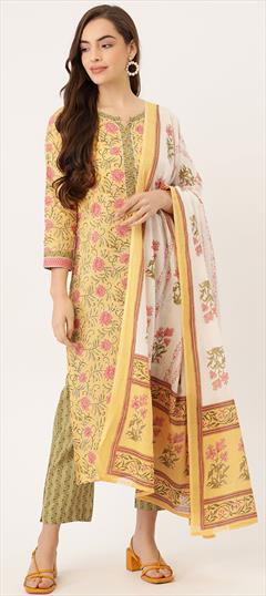 Festive, Party Wear Yellow color Salwar Kameez in Cotton fabric with Straight Printed work : 1768290