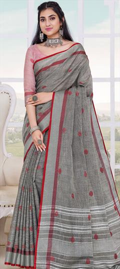 Traditional Black and Grey color Saree in Linen fabric with Bengali Weaving work : 1768334
