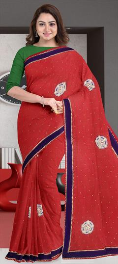 Festive, Party Wear Red and Maroon color Saree in Lycra fabric with Classic Bugle Beads, Lace, Patch work : 1768371
