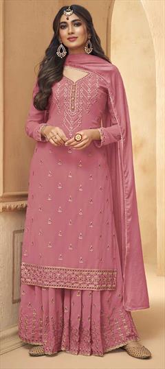 Festive, Party Wear Pink and Majenta color Salwar Kameez in Faux Georgette fabric with Palazzo Embroidered, Thread work : 1768421