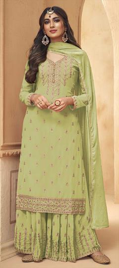 Festive, Party Wear Green color Salwar Kameez in Faux Georgette fabric with Palazzo Embroidered, Thread work : 1768422