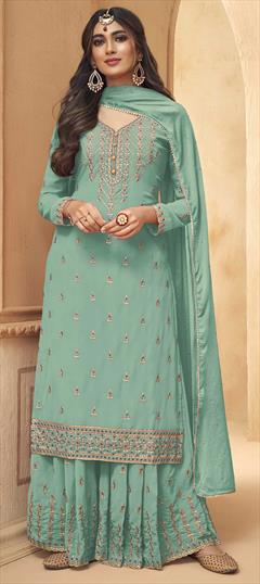 Festive, Party Wear Blue color Salwar Kameez in Faux Georgette fabric with Palazzo Embroidered, Thread work : 1768424