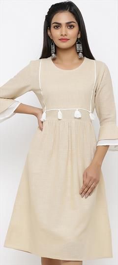 Casual Beige and Brown color Kurti in Khadi fabric with Long Sleeve, Straight Thread work : 1768451
