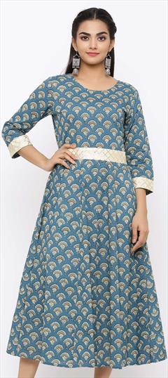 Casual Blue color Kurti in Cotton fabric with Anarkali, Long Sleeve Printed work : 1768476