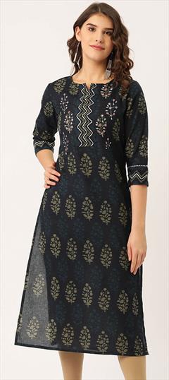 Casual Blue color Kurti in Cotton fabric with Long Sleeve, Straight Printed work : 1768527