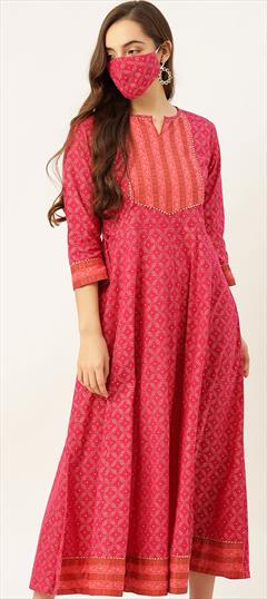 Casual Pink and Majenta color Kurti in Cotton fabric with Anarkali, Long Sleeve Printed work : 1768543