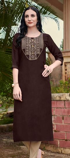 Casual Purple and Violet color Kurti in Cotton fabric with Long Sleeve, Straight Embroidered, Thread work : 1768566