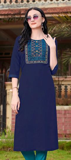 Casual Blue color Kurti in Cotton fabric with Long Sleeve, Straight Embroidered, Thread work : 1768568
