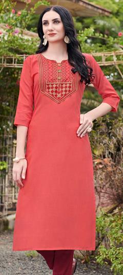 Casual Red and Maroon color Kurti in Cotton fabric with Long Sleeve, Straight Embroidered, Thread work : 1768570