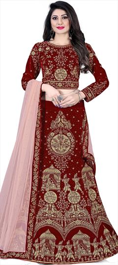 Bridal, Wedding Red and Maroon color Lehenga in Velvet fabric with A Line Stone, Swarovski work : 1769079
