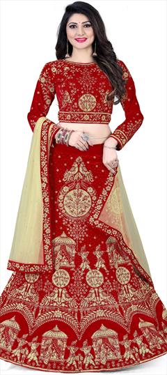 Bridal, Wedding Red and Maroon color Lehenga in Velvet fabric with A Line Stone, Swarovski work : 1769080