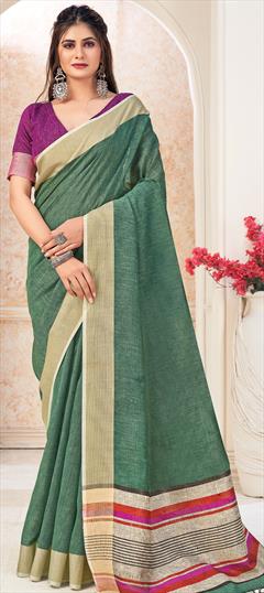 Casual, Traditional Green color Saree in Linen fabric with Bengali Printed work : 1769091