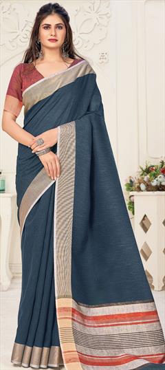 Casual, Traditional Blue color Saree in Linen fabric with Bengali Printed work : 1769092