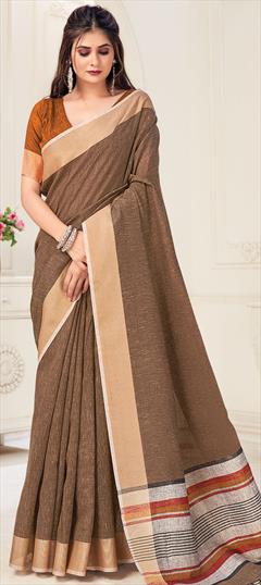 Casual, Traditional Beige and Brown color Saree in Linen fabric with Bengali Printed work : 1769094