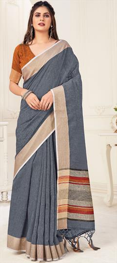 Casual, Traditional Black and Grey color Saree in Linen fabric with Bengali Printed work : 1769095